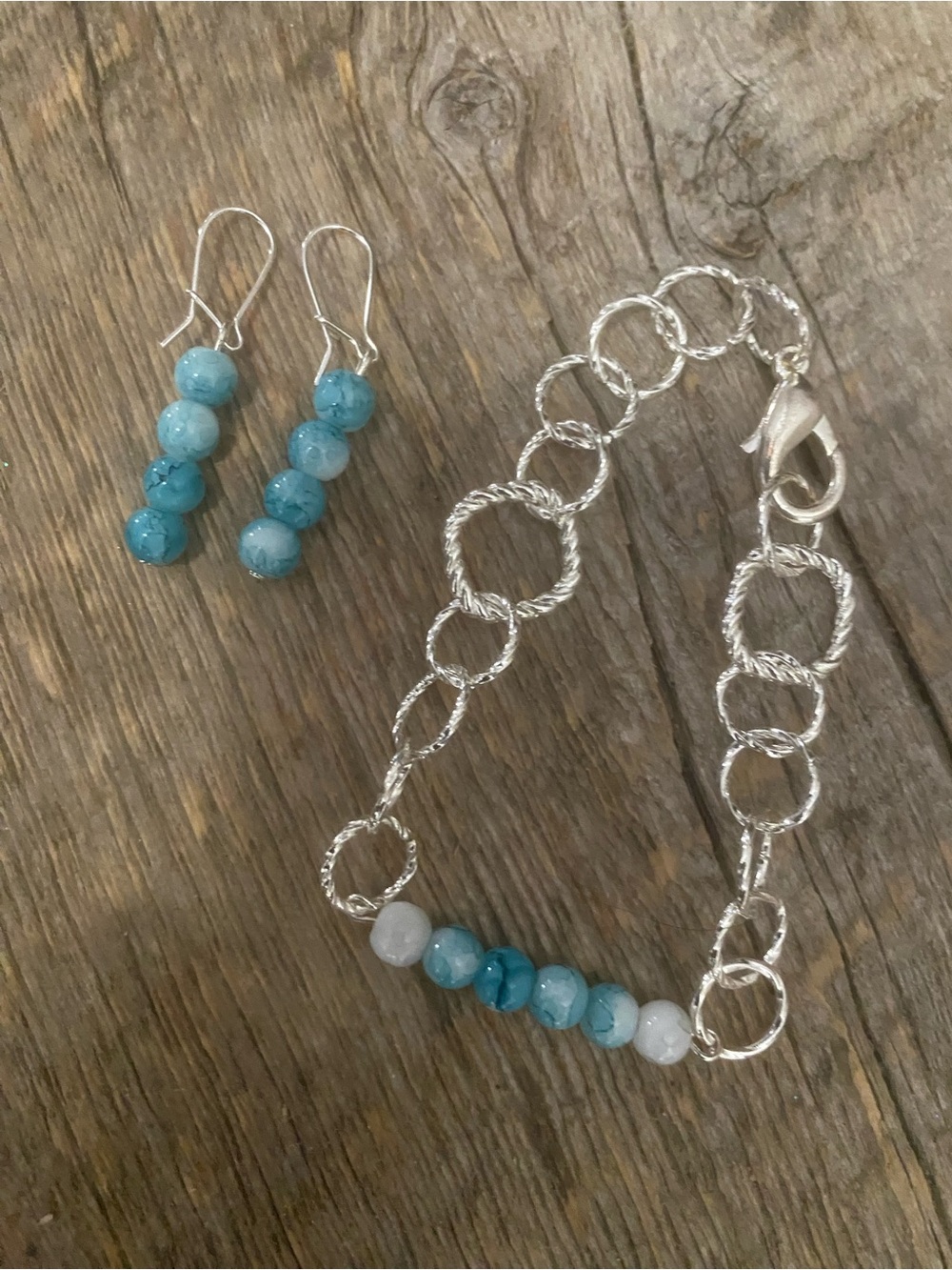 Silver Chain Bracelet and Drop Earrings with Aquamarine Glass Bead Set